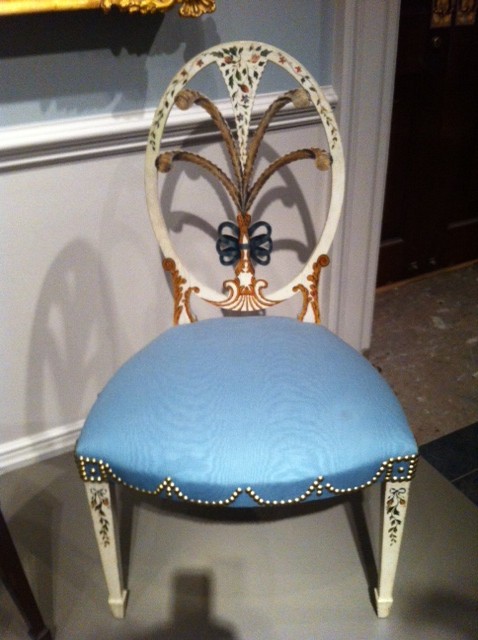 One of my favorite delicately painted chairs was created for Elias Haskett Derby of Marblehead, MA.  The oval painted back supported by gently curved stiles, a bowed center rail and sharply tapered legs makes this one of the simplest and direct of Federal forms.