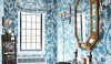 40321359134836677_L9G40gtk_c Highly patterned vine wallpaper fills the space. The pattern is relieved by the marble floor with black insets and the black baseboard.