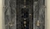Dallas_Henry Shower Install A dark blue panel of ceramic embedded in a wall of Bardiglio marble is simply stunning. The color variation of the tile, the vertical orientation of the material forms the perfect placement to highlight the shower fitting.