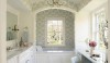 Nature-Wallpaper-For-Home-Decoration-Traditional-Bathroom An elegant white space is tempered with an all over repeating graphic wallpaper in soft green. The color and pattern and give the space a feminine ambience.