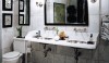 Celerie Kemble_Carrara Marble Bathroom A floor to ceiling installation of Cararra in Celerie Kemble's bath with a basketweave floor for texture and black accents creates a stunning bath.